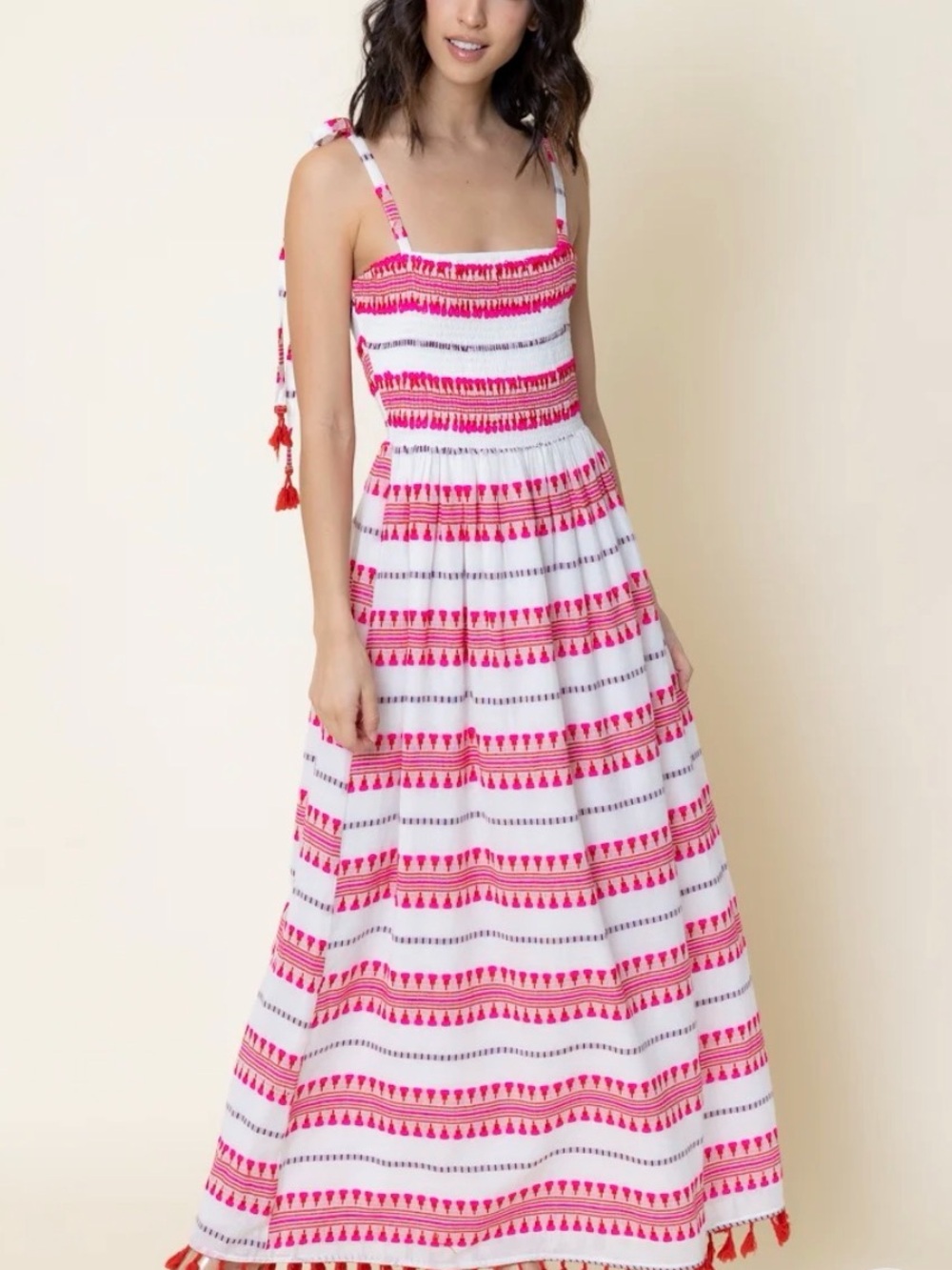 EN CRÈME EMBROIDERED STRIPED TASSEL MAXI DRESS